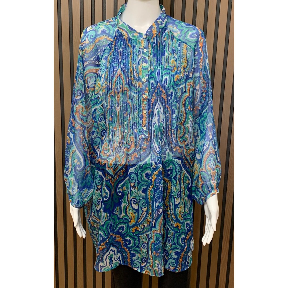 Lauren Ralph Lauren 3X Blue Green Paisley Pleated Bib Tunic Blouse Semi Sheer